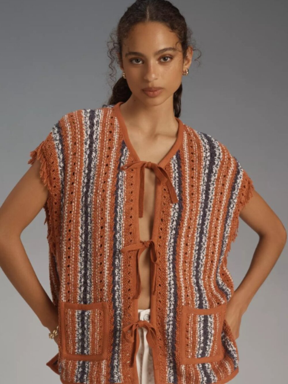 Pilcro Anthropologie Striped Fringe Tie-Front Sweater Vest, Size M